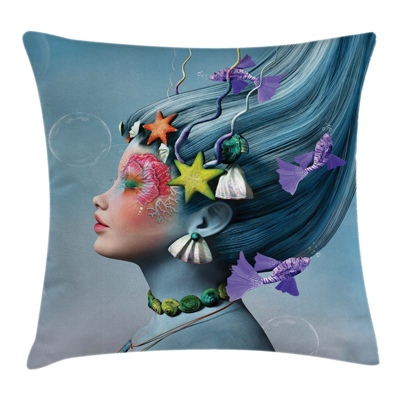 Mermaid Woman Oceanic Hairstyle Pillow Cover, 18" x 18"