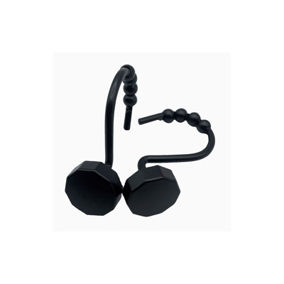 12 Piece Set - Matte Black Button Heavy Duty Shower Curtain Hooks Rings Rustproof Metal