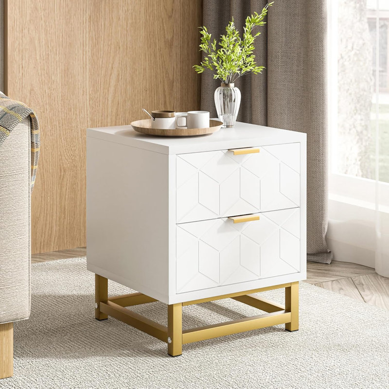 Table de chevet, commode 2 tiroirs pour la chambre à coucher, commode 2 tiroirs, Blanc