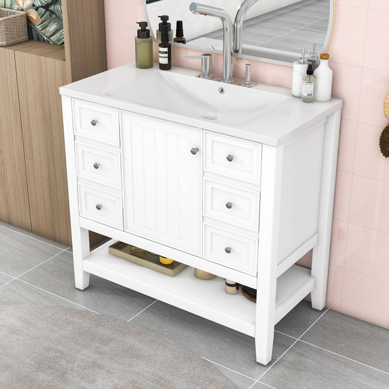 Tyshiem Modern Freestanding Single Bathroom Vanity with Ceramic Sink and Ample Storage, White