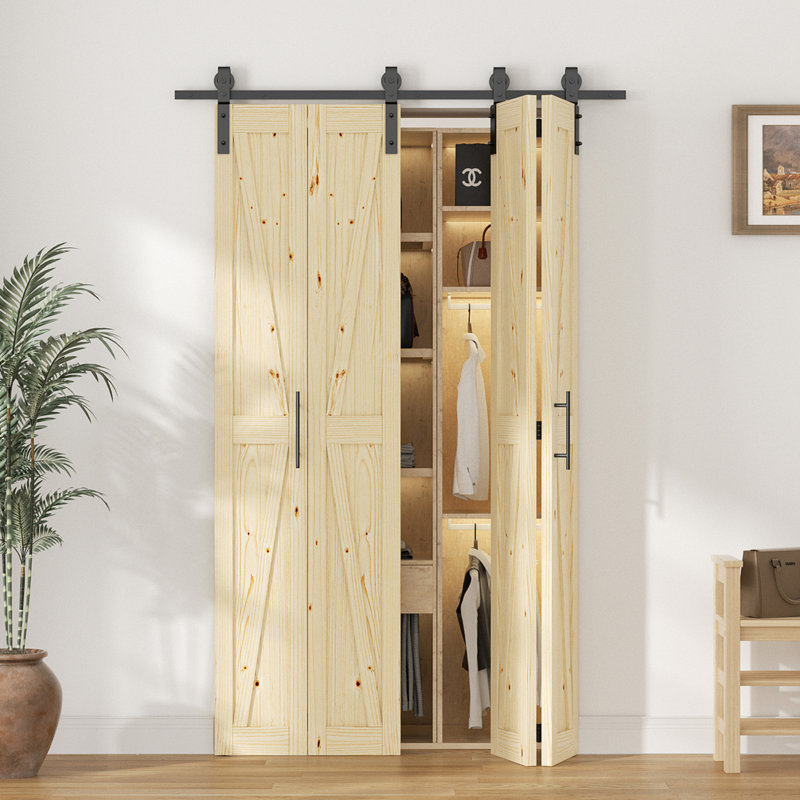 Porte de grange pliante de style K en bois de pin massif 84 po avec quincaillerie, 4, 48 po x 84 po