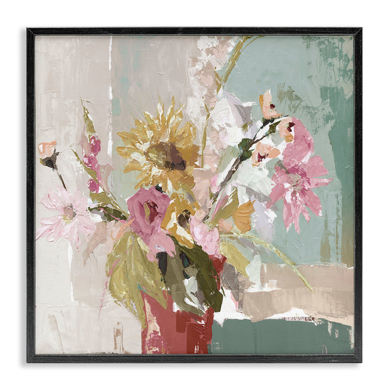 Vase de tournesol mixte, giclée abstraite, design par Susan Pepe, H 17 po x l 17 po, Giclée encadrée noir minuit