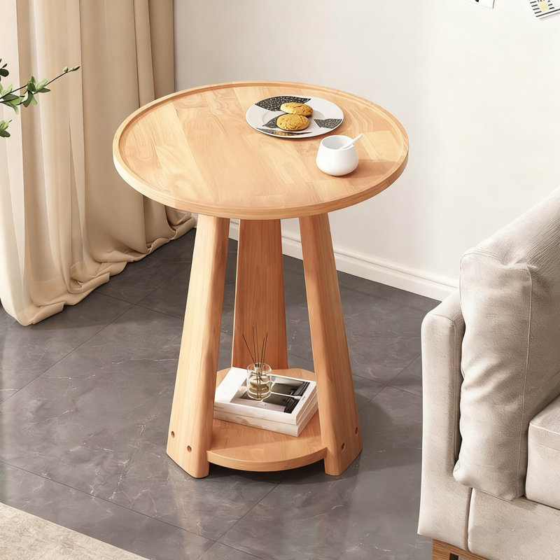 Table de bout à plateau rond en bois massif à 2 niveaux