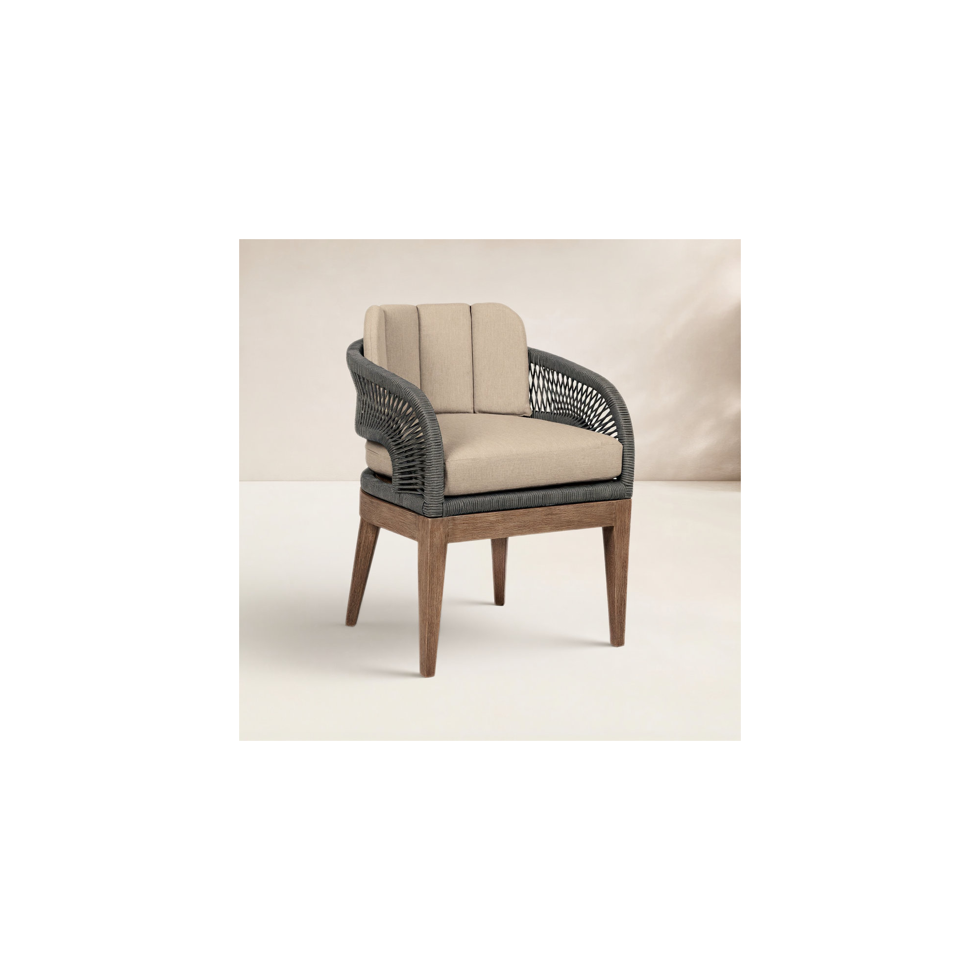 Hareton Patio Dining Armchair in Eucalyptus Wood with Gray Rope and Taupe Olefin Cushions