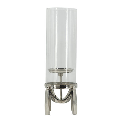 Porte-bougie Rexy Hurricane, pieds argentés minimalistes, verre transparent 16 po