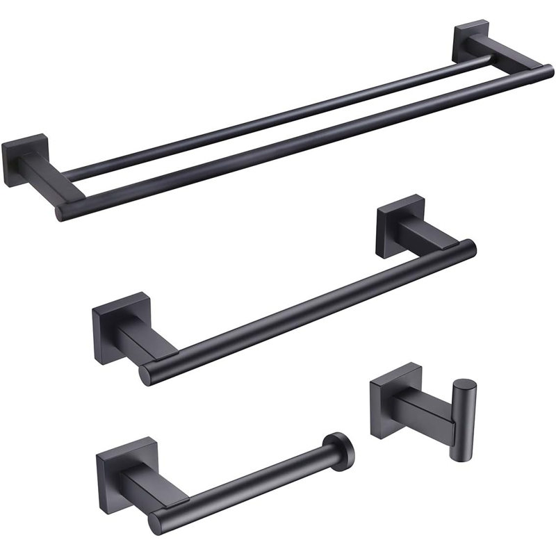 Stainless Steel 4-Piece Bathroom Hardware Set - Towel Bars, Paper Holder, Robe Hook, Matte Black