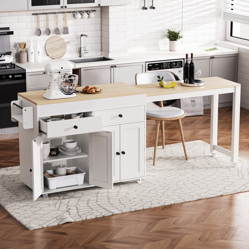 Kitchen Island With 27" Extendable Table, Island, 4 Door Cabinet, 7 Lockable Wheels And Spice Rack, White Dining 2 Drawers, Cabinet Removable Wheels,