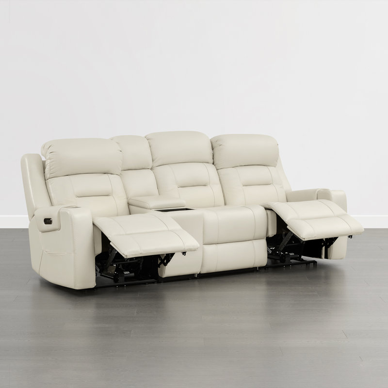Olathe Genuine Leather Dual Motor Power Reclining Lay Flat Sofa With Power Headrest, Cream