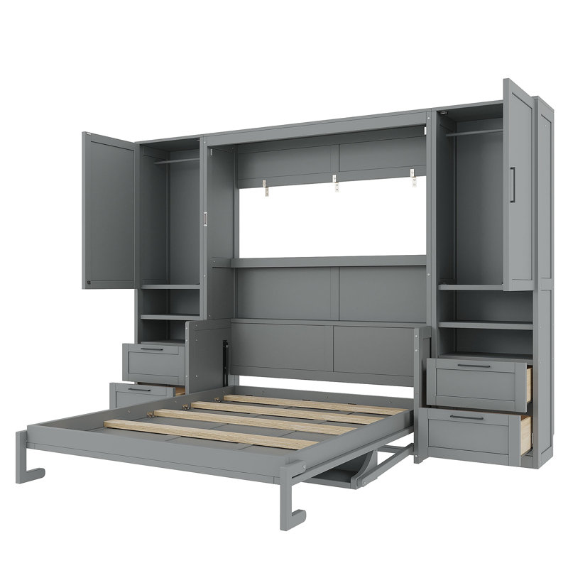 Murphy Bed Wall Bed With Closet ,Drawers And Shelves, Grand lit, Gris