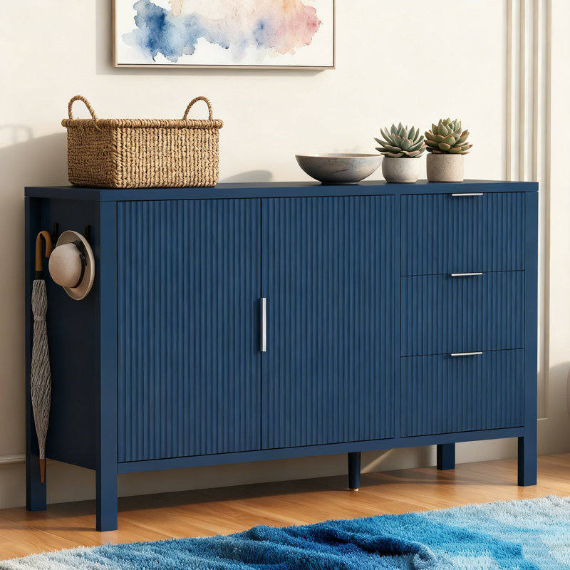 Modern Wave-Pattern Sideboard With 3 Drawers, Large Storage Buffet Cabinet With Hooks And Extra Center Leg,Suitable For Living Room,Entryway,Hallway.