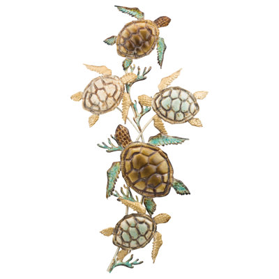 44 Inch Metal Swimming Sea Turtles Outdoor Wall Decor with Multi-Colored Finish for Indoor and Outdoor Use
