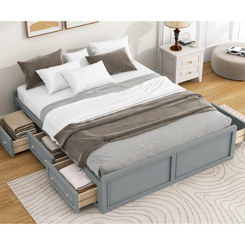 Structure de lit plateforme en bois avec 6 tiroirs, gris