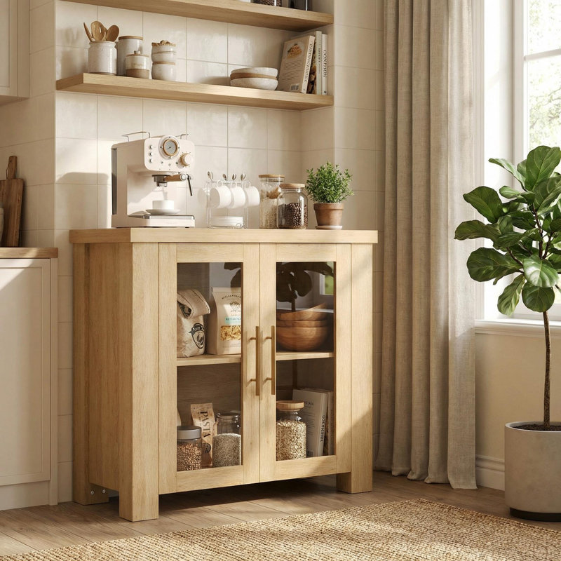 Buffet avec rangement, bahut avec portes en verre trempé, Jaune