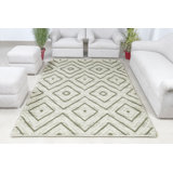 Tapis tissé à plat à la main à motif géométrique ivoire et vert Boho par Tufty Home