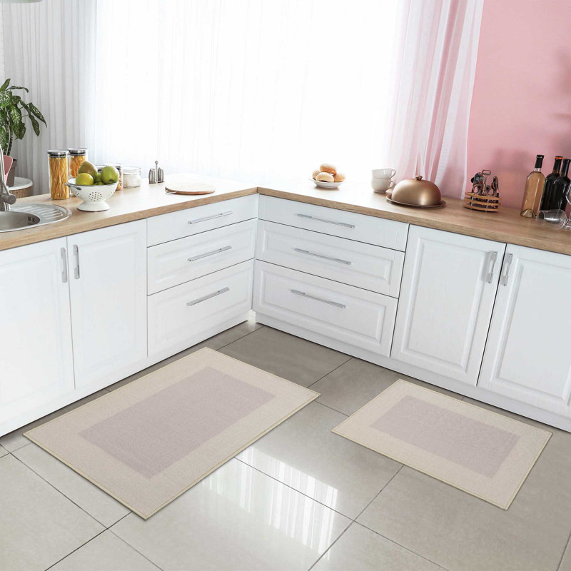 Kaydn Modern Washable Non-Slip Latex Backing 2 Piece Kitchen Rug Set, Cream/Light Pink