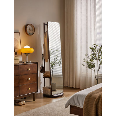 Miroir rotatif pleine grandeur avec portemanteau, miroir de rangement autoportant en bois massif pour le salon de la chambre à coucher