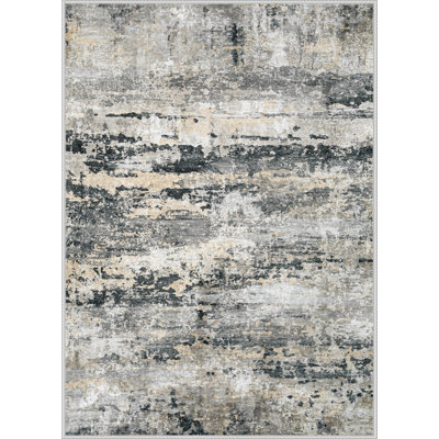 Modern Abstract Neutral Washable Non-Slip Low-Pile Area Rug in Black Grey Brown, 8' x 10'