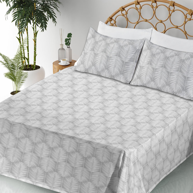 Microfiber Sheet Set, Full Sheet Set with 2 Pillowcases, Light Gray/White Floral