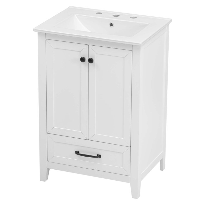 Meuble-lavabo 24 po avec lavabo, meuble-lavabo avec tiroir et portes, bois massif et panneau de fibres à densité moyenne 24 po