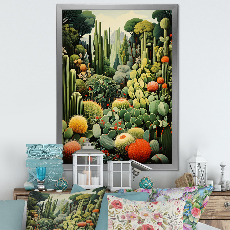 Cactus olive oasis sur toile, H 20 po x l 12 po x P 1 po, Cadre simple argenté