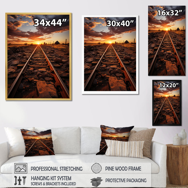 Chemin de fer dans un paysage coucher de soleil III sur toile, H 40 po x l 30 po x P 1,5 po, Cadre simple noir