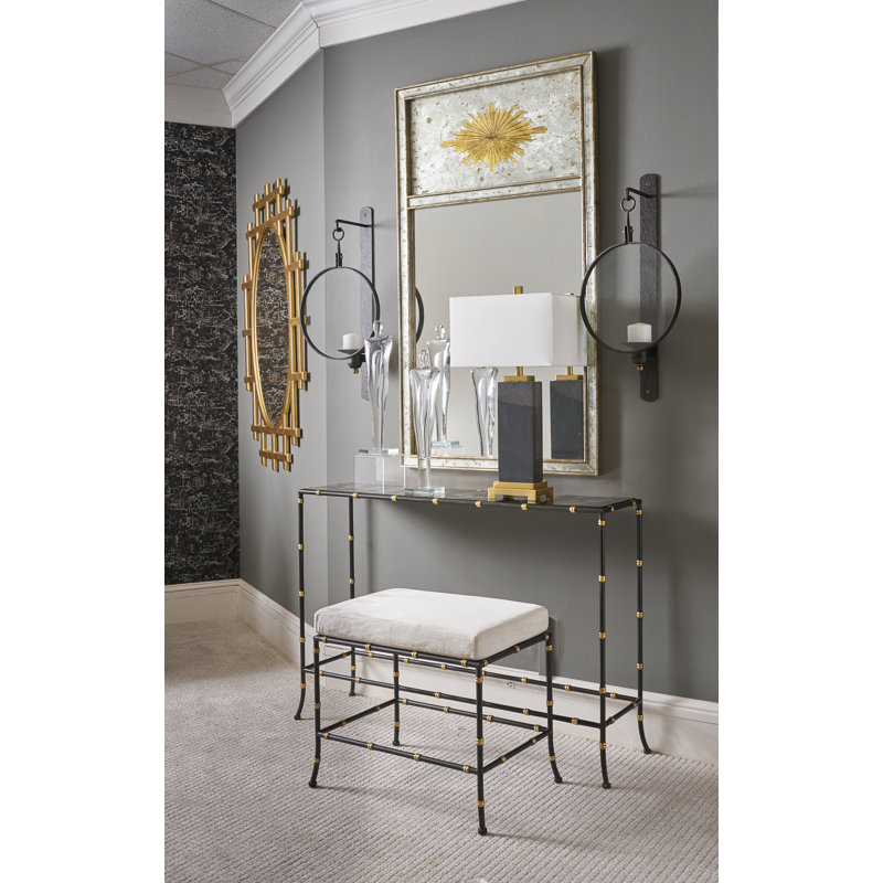Black and Gold Glass Top Console Table with Metal Frame