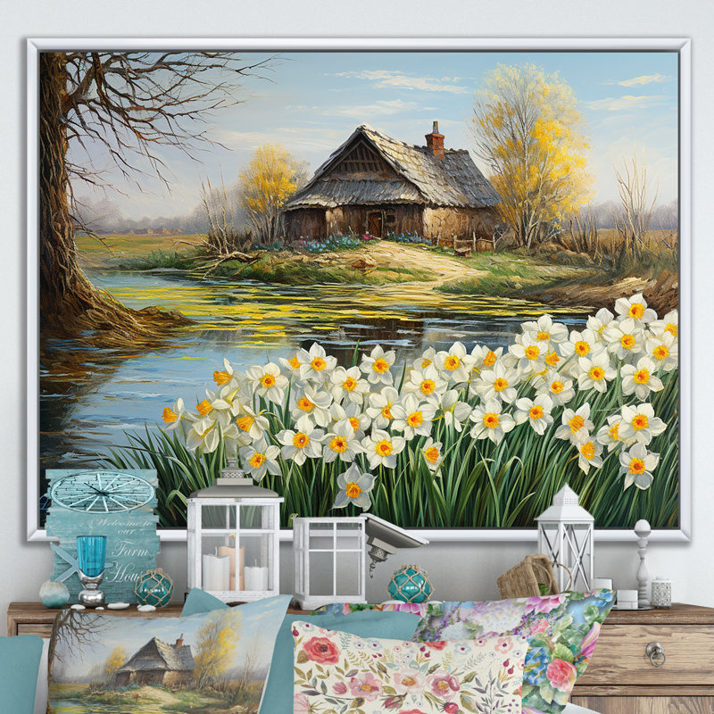 «White and Yellow Daffodils Country Charm I», reproduction sur toile, Cadre flottant blanc, H 16 po x l 32 po
