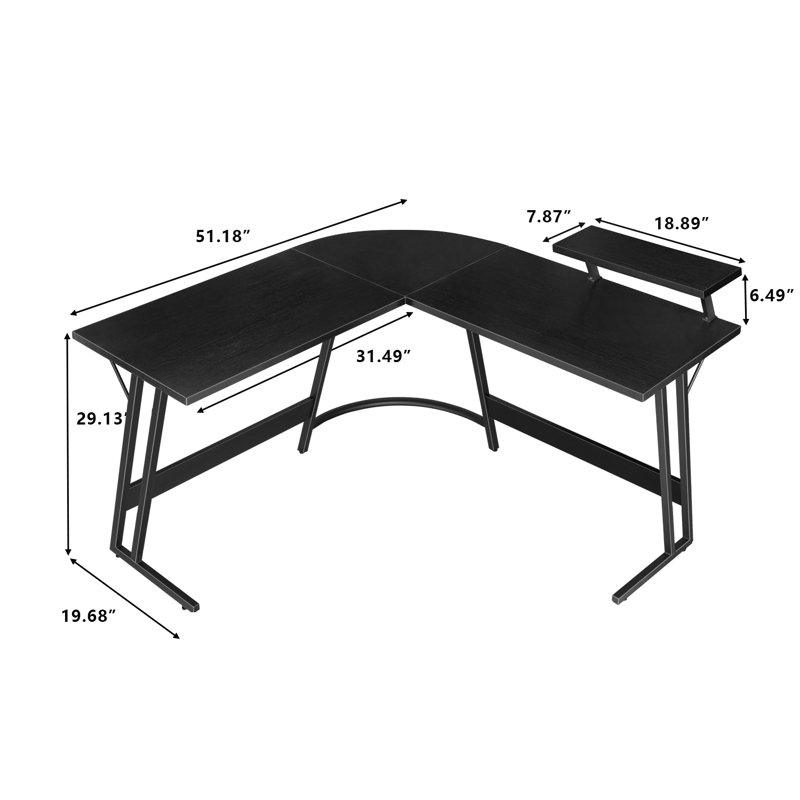 Black L-Shaped Computer Desk with Monitor Stand and Metal Frame