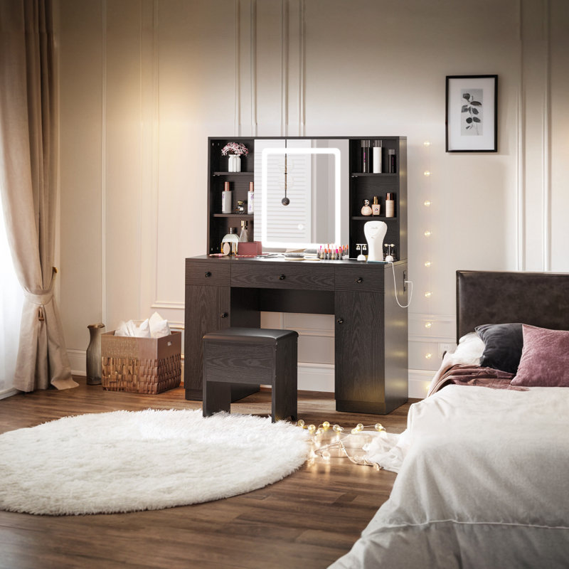 Kimrey Vanity Desk with Llight Sliding Mirror and 7 Drawers,  Makeup Vanity Table Set for Bedroom