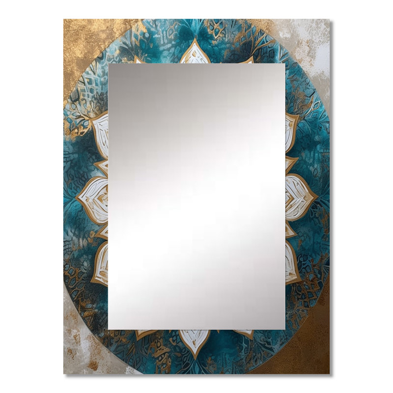 Teal And Gold Mandala II - Boho Mandala Decorative Mirror, Traditional Wall Mirror, Printed Metal Art, 32" x 24"