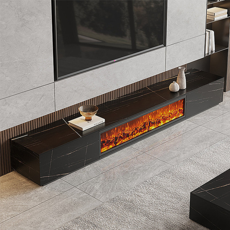 Meuble télé avec foyer à flamme simulée, 86.61", Noir, noir, noir, noir