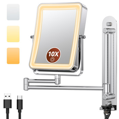 Height Adjustable Wall Mounted Lighted Makeup Mirror With Lights, 10X Magnifying Mirror For Bathroom, 7In Slide Rail And 360° Extended Arm, Rechargeable Wall Mirror With Dual Hooks For Hotel