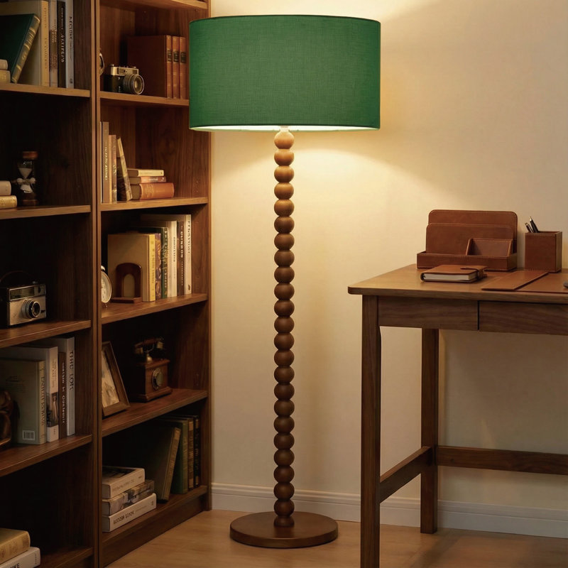 Lampe sur pied 61 po en bois perlé rétro avec abat-jour en lin surdimensionné, lampe sur pied au fini noyer pour salon, chambre à coucher, coin lecture et bureau, homologuée UL, compatible avec les ampoules E26