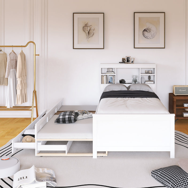 Lit plateforme simple en bois avec tête de lit et lit gigogne, Lit simple, Blanc