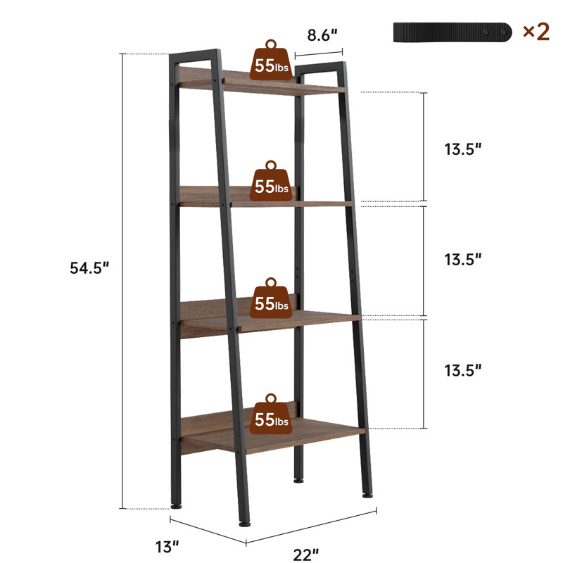 Ladder Bookcase, 4 Tier 22" Wide Steel Storage Shelf with Anti-Tip Feature, Walnut