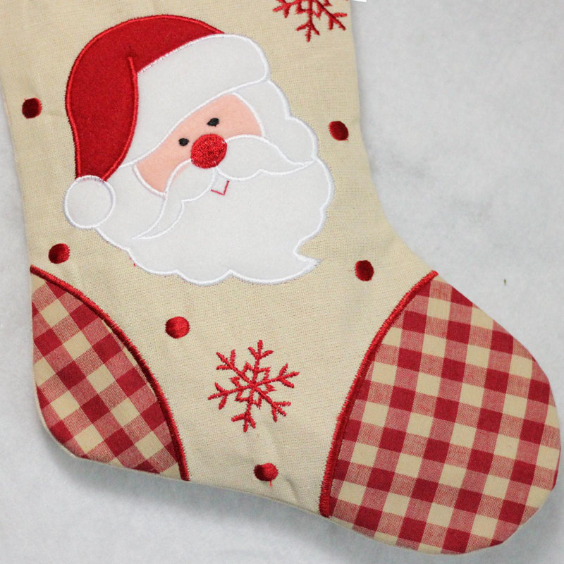 Ivory and Red Embroidered Santa Christmas Stocking with Gingham Cuff