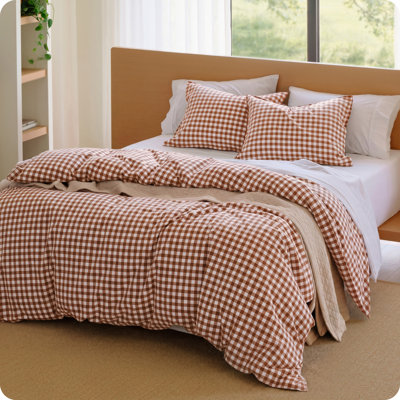 Bedsure Gingham Duvet Cover Set, 100% Washed Cotton Beding Set, PureWoven with Reversible Yarn‑Dyed Design & Double‑Stitch Craft, 3-Piece with Zipper