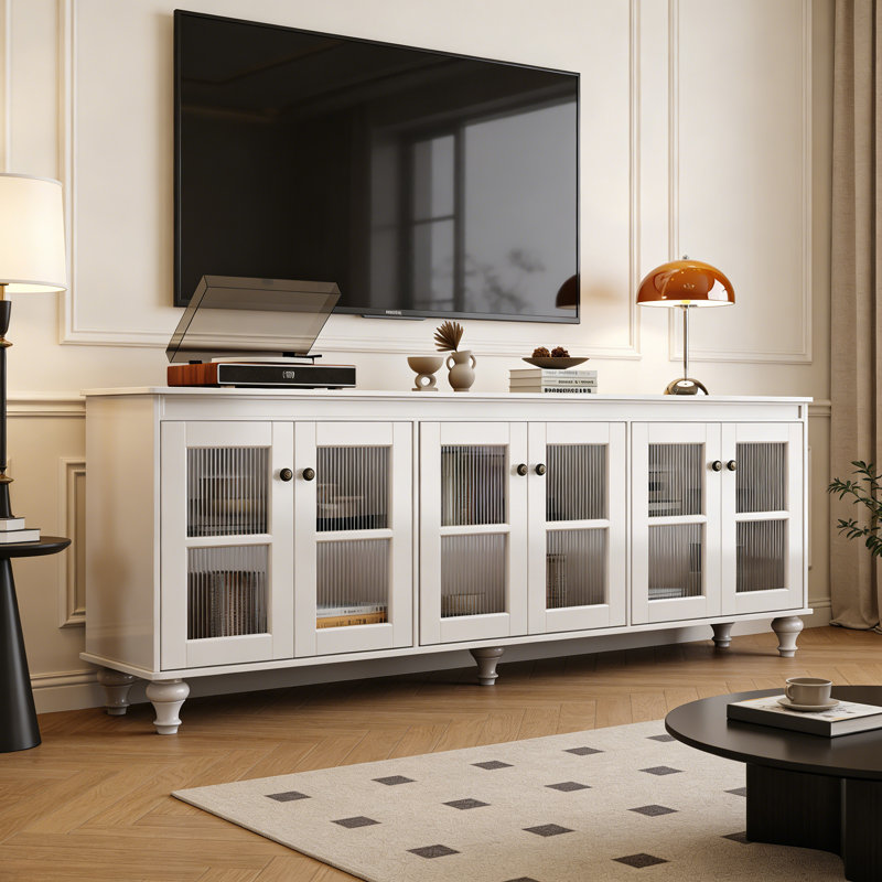 Meuble télé simple en verre rétro, H 28,34 po x L 94,48 po x l 15,74 po, Blanc