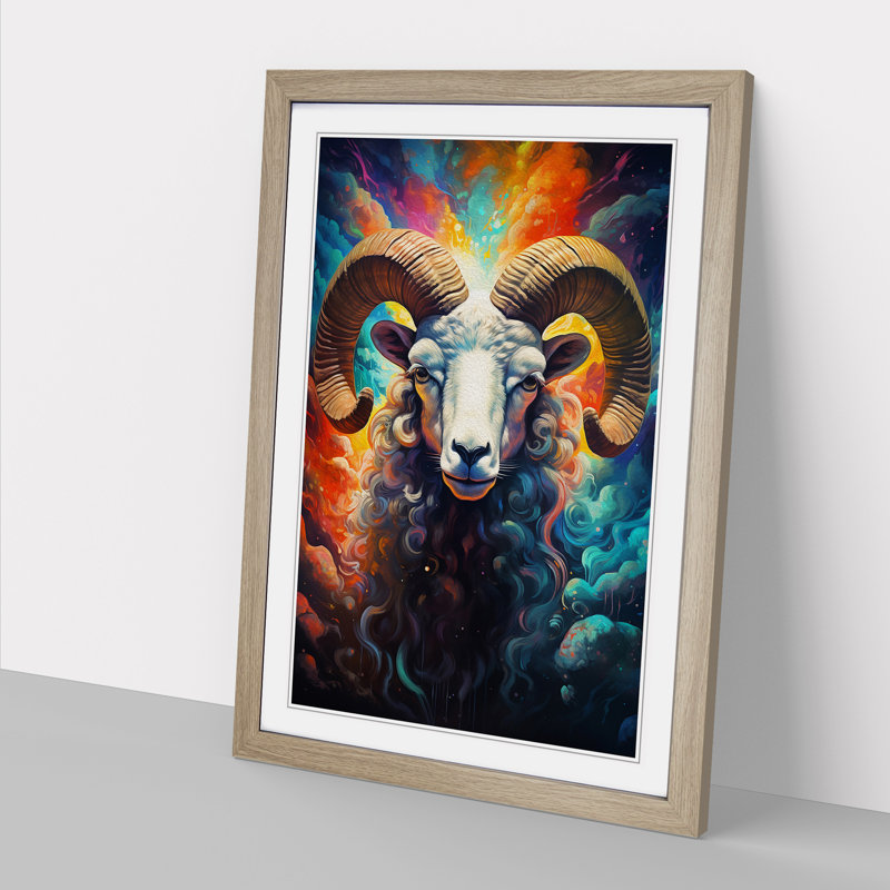 Ram Sheep Futurism - Single Picture Frame Print on Wood, 46cm H x 34cm W x 2cm D, Oak