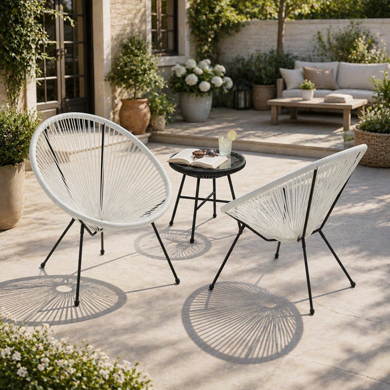 Ensemble de 2 chaises de bistro Anson, chaises d'extérieur en faux rotin avec structure en acier, chaises rondes modernes pour patio, jardin et piscine (blanches)