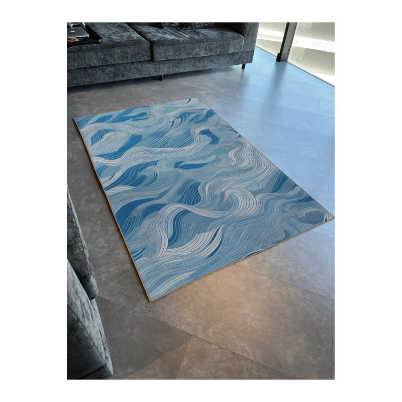 Tapis bleu délavé à motif ondulé abstrait et créatif bleu, Rectangle 3 pi 3 po x 4 pi 11 po