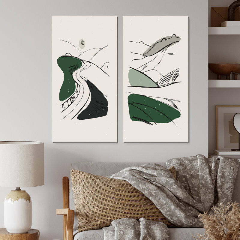 «Green Retro Landscape Panoramas I», ensemble de 2 impressions, H 40 po x l 40 po x P 1,5 po, Toile tendue