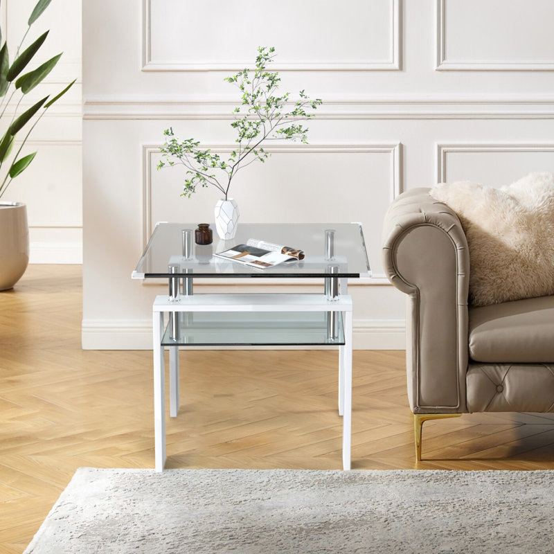 Table d'appoint avec plateau en verre transparent, Blanc