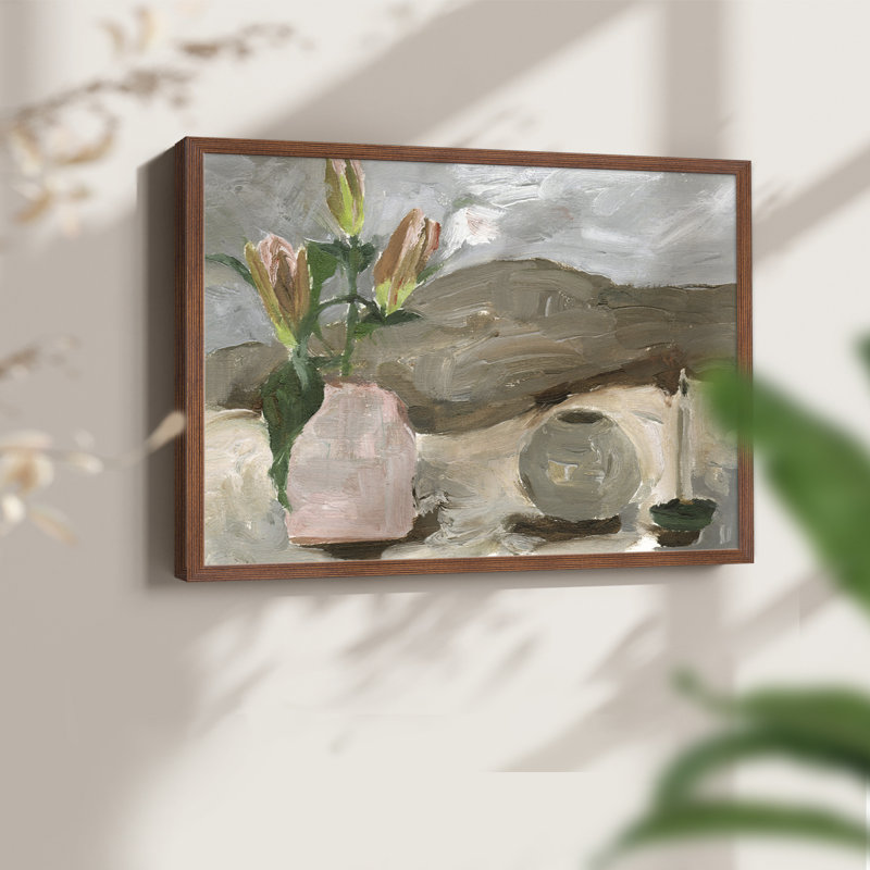 Vase of Pink Flowers V -Framed Print - Restickable, H 16 po x l 20 po, Noyer