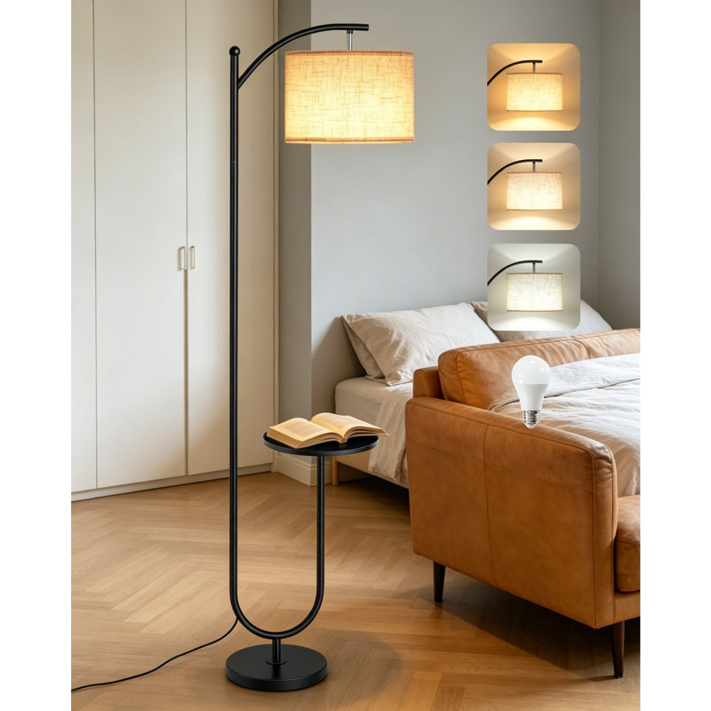 Black & Beige Floor Lamp with Storage Shelf, 3 Color Temperatures, Memory Function & Adjustable Lamp Head, Natural Linen Shade, Foot Switch Control for Living Room Bedroom
