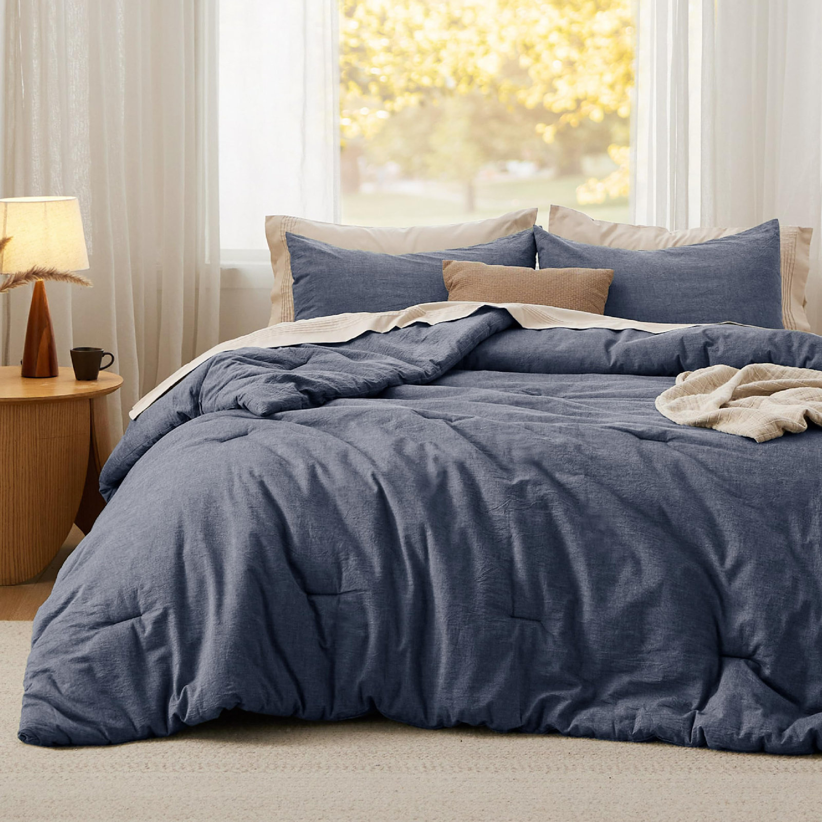 Pre-Washed Cotton Comforter Set, Queen Comforter + 2 Additional Pieces, Denim Blue