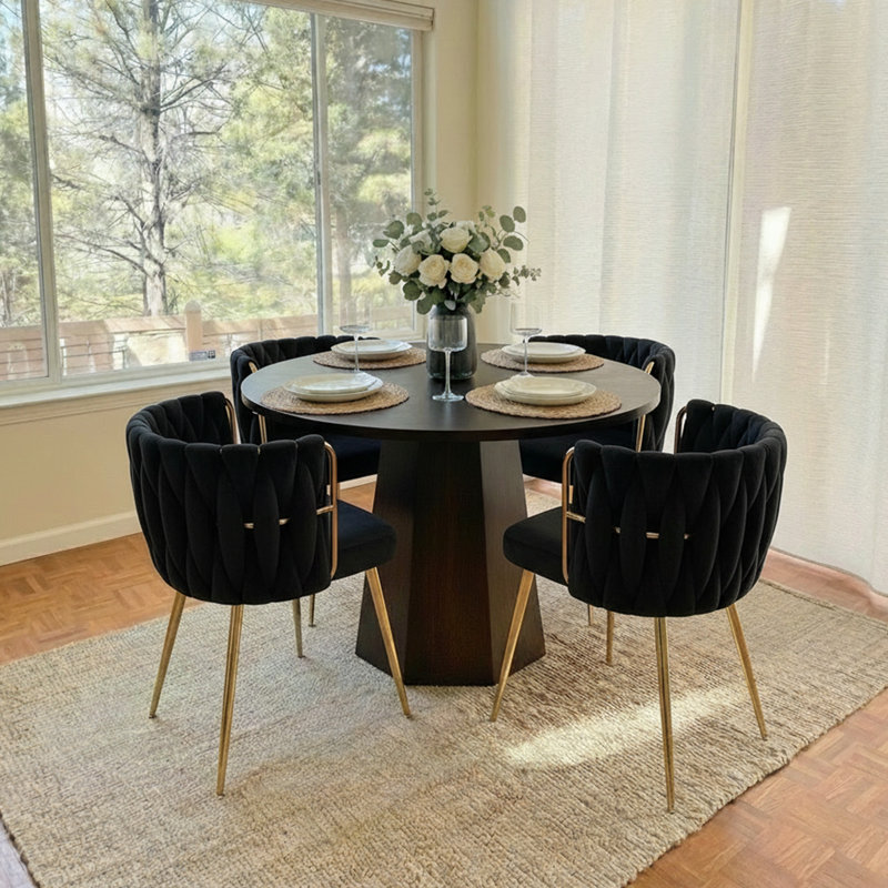 Round Dining Table Set Mid Century Modern Small Round Dining Table Set With Dining Chairs, Walnut, Black