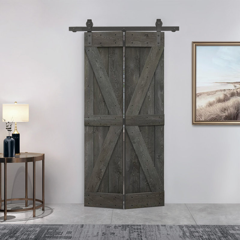 Porte de grange pliante en bois de pin avec quincaillerie coulissante, Gris carbone, 38 po x 84 po