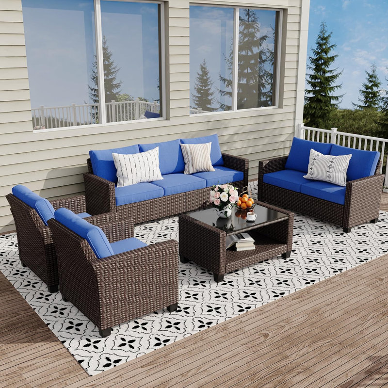 5-Piece Rattan Wicker Patio Furniture Set, Sectional Sofa With Cushions & Glass Coffee Table, Outdoor Conversation Set For Balcony, Porch, Garden, Pool – Blue
