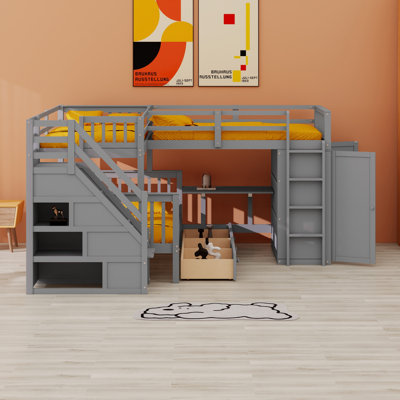L-Shaped Bunk Bed With 3 Drawers, Portable Desk And Wardrobe